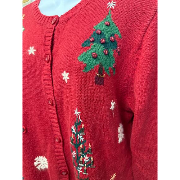 VTG Christmas Sweater Womens M 10 12 Cardigan Cozy Cabin Tree Embroidered red - Picture 8 of 8